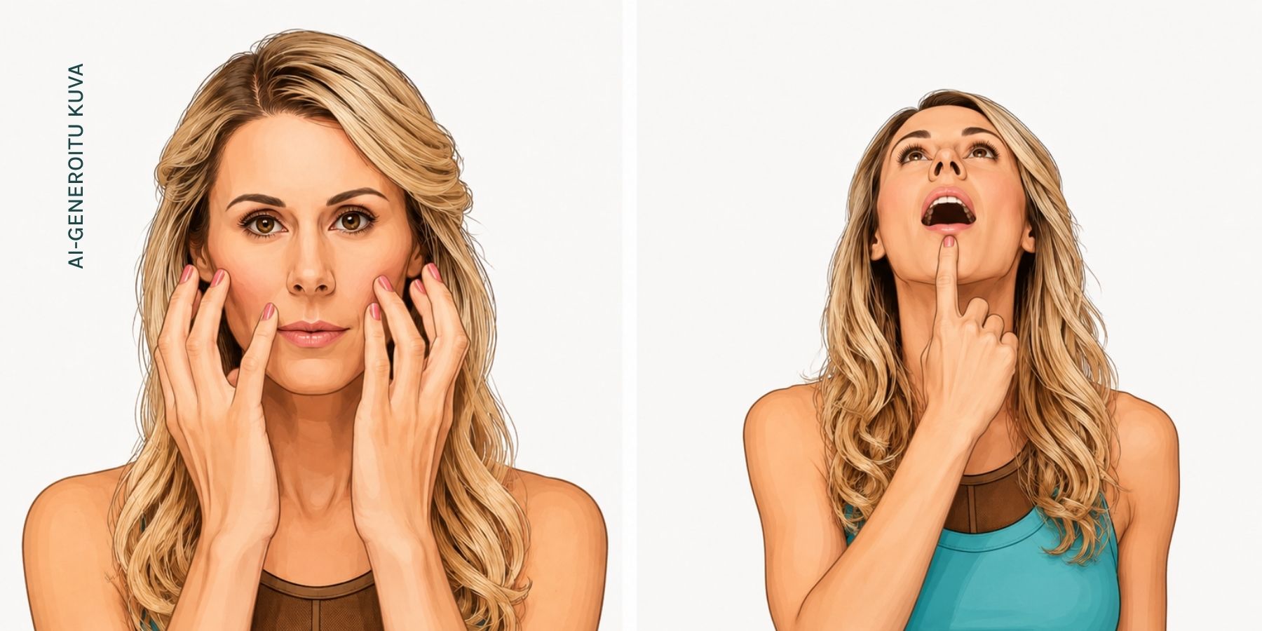 Facial exercises for the "hamster cheeks" area: tap your jawline and lower cheeks with your fingertips, and engage the muscles in the lower part of your face while smiling.