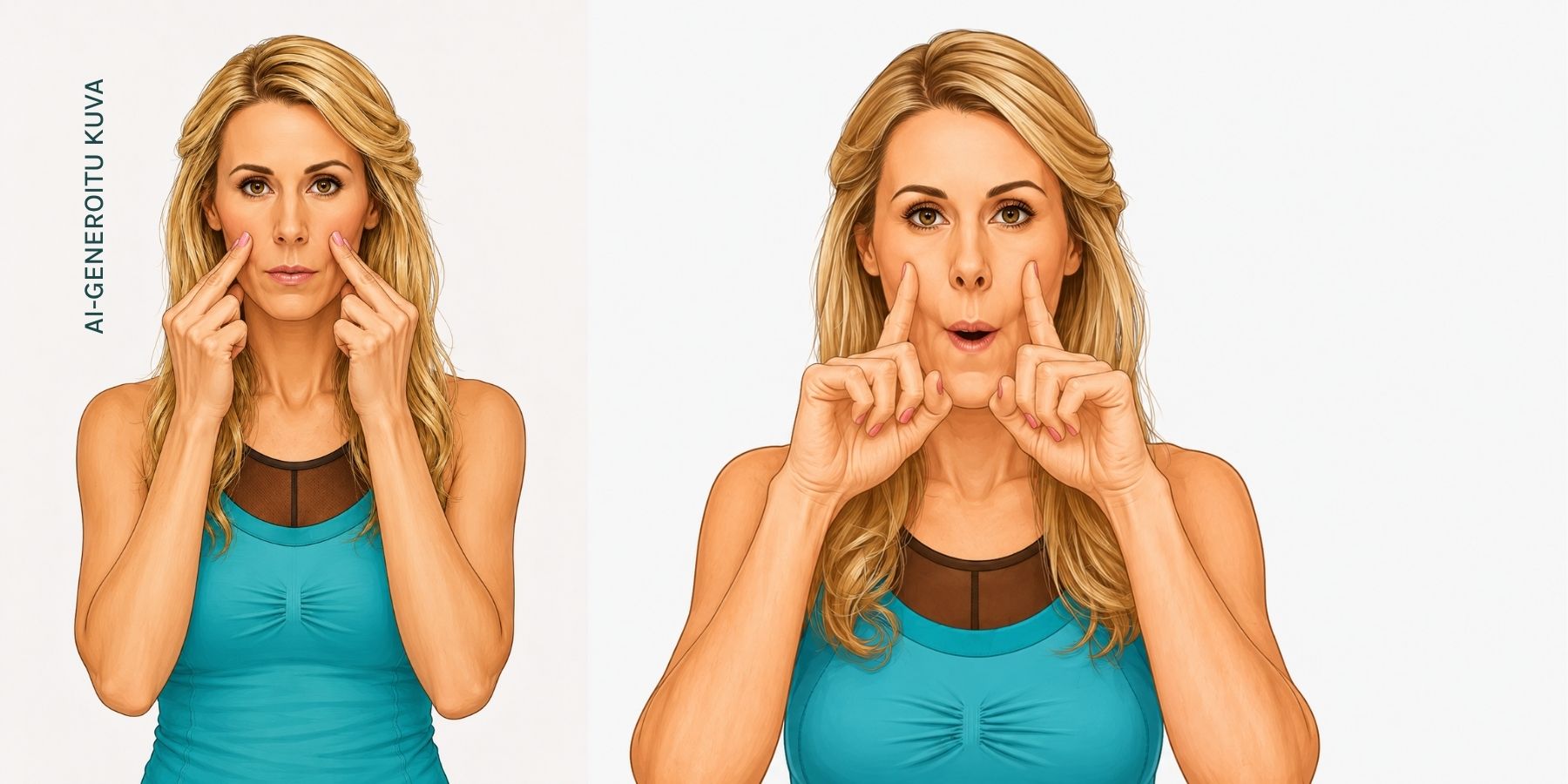 Facial exercises for the muscles around the mouth and lower cheeks: gently pinching the muscles, turning the lips inward, and smiling.