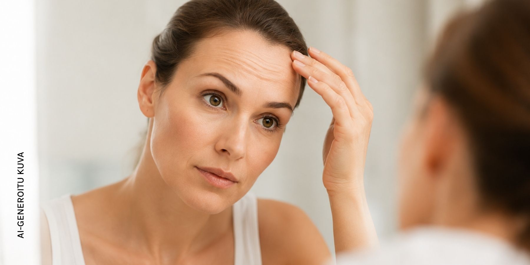 A woman stands in front of the mirror, wondering how she can get rid of her forehead wrinkles.