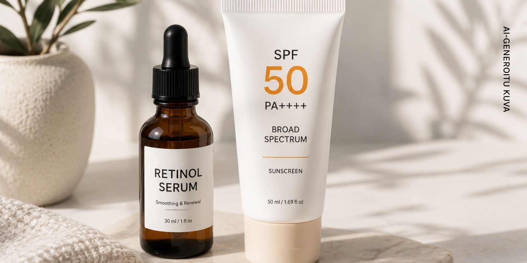 Retinol-containing serum and sunscreen